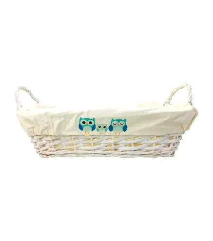 CESTA RECTANGULAR MIMBRE BLANCA BUHO AZUL