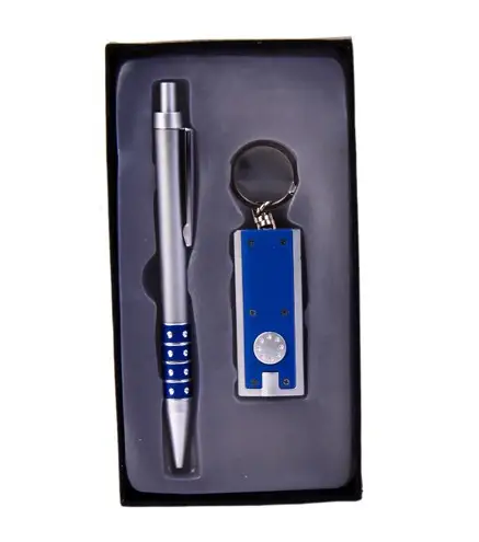 SET BOLIGRAFO + LLAVERO LINTERNA LED ESTUCHE AZUL