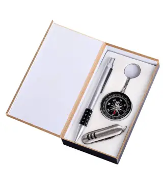 BOLÍGRAFO + NAVAJA + BRÚJULA EN CAJA DE MADERA