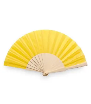 ABANICO DE TELA Y MADERA EN CAJA AMARILLO