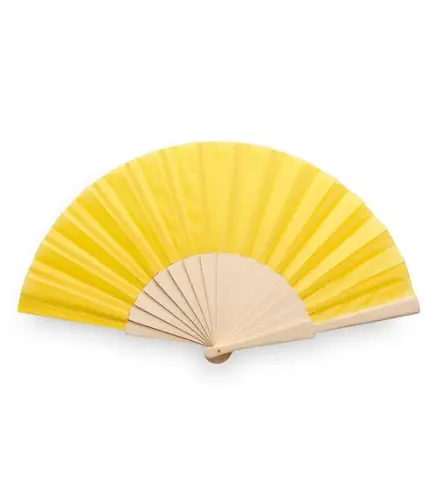 ABANICO DE TELA Y MADERA EN CAJA AMARILLO