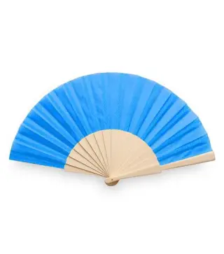 ABANICO DE TELA Y MADERA EN CAJA AZUL