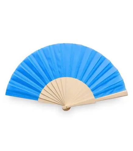 ABANICO DE TELA Y MADERA EN CAJA AZUL