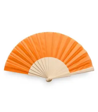 ABANICO DE TELA Y MADERA EN CAJA NARANJA
