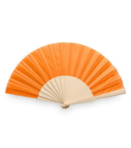 ABANICO DE TELA Y MADERA EN CAJA NARANJA
