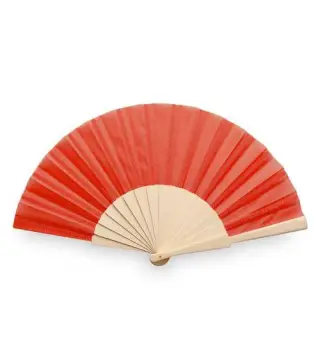 ABANICO DE TELA Y MADERA EN CAJA ROJO