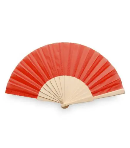 ABANICO DE TELA Y MADERA EN CAJA ROJO