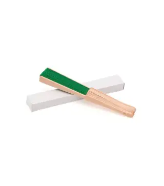 ABANICO DE TELA Y MADERA EN CAJA VERDE