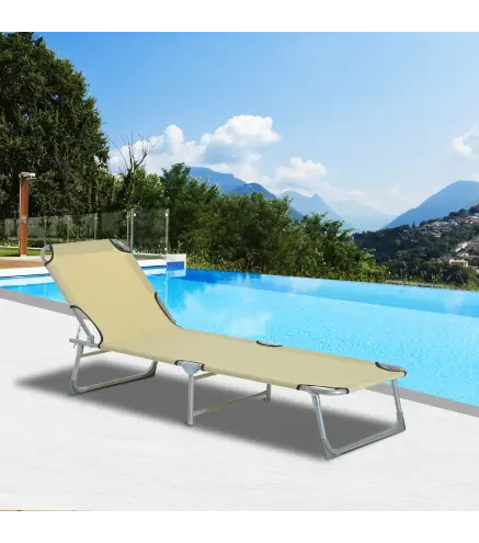 Cama de Camping Plegable con Respaldo Ajustable en 4 Niveles Carga 120 kg para Playa Jardín Piscina 187x58x28 cm Beige