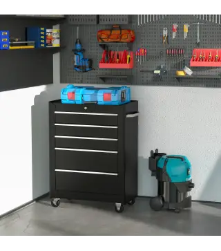 Carro de Herramientas para Taller con Ruedas 5 Cajones Armario con Cierre y Asa Lateral 61,5x33x82,5 cm Negro