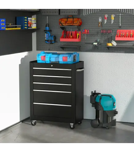 Carro de Herramientas para Taller con Ruedas 5 Cajones Armario con Cierre y Asa Lateral 61,5x33x82,5 cm Negro