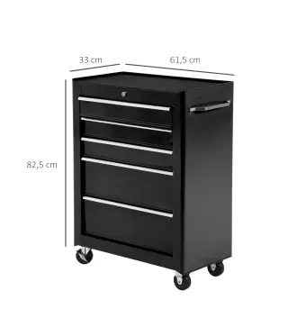 Carro de Herramientas para Taller con Ruedas 5 Cajones Armario con Cierre y Asa Lateral 61,5x33x82,5 cm Negro