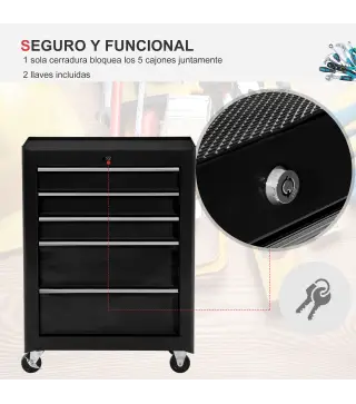Carro de Herramientas para Taller con Ruedas 5 Cajones Armario con Cierre y Asa Lateral 61,5x33x82,5 cm Negro