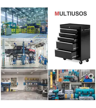 Carro de Herramientas para Taller con Ruedas 5 Cajones Armario con Cierre y Asa Lateral 61,5x33x82,5 cm Negro