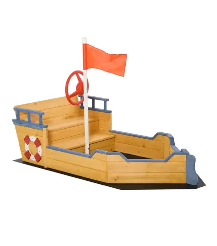 Arenero Infantil de Madera Diseño de Galeón con 2 Escalones Banco con Almacenaje Bandera y Timón Cajón de Arena