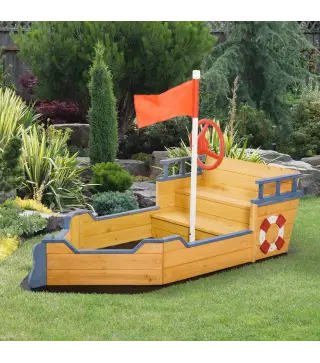 Arenero Infantil de Madera Diseño de Galeón con 2 Escalones Banco con Almacenaje Bandera y Timón Cajón de Arena