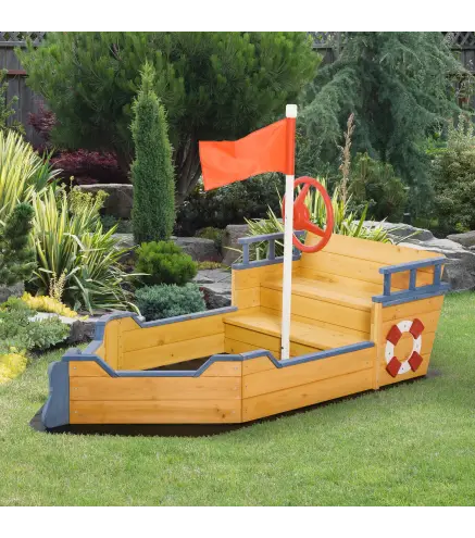Arenero Infantil de Madera Diseño de Galeón con 2 Escalones Banco con Almacenaje Bandera y Timón Cajón de Arena