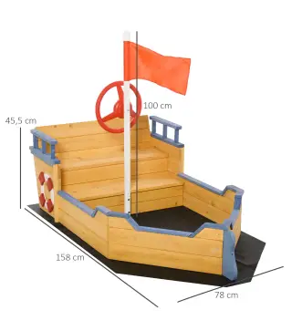 Arenero Infantil de Madera Diseño de Galeón con 2 Escalones Banco con Almacenaje Bandera y Timón Cajón de Arena
