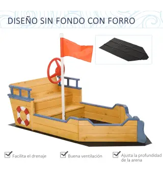 Arenero Infantil de Madera Diseño de Galeón con 2 Escalones Banco con Almacenaje Bandera y Timón Cajón de Arena