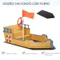 Arenero Infantil de Madera Diseño de Galeón con 2 Escalones Banco con Almacenaje Bandera y Timón Cajón de Arena