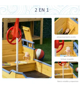 Arenero Infantil de Madera Diseño de Galeón con 2 Escalones Banco con Almacenaje Bandera y Timón Cajón de Arena