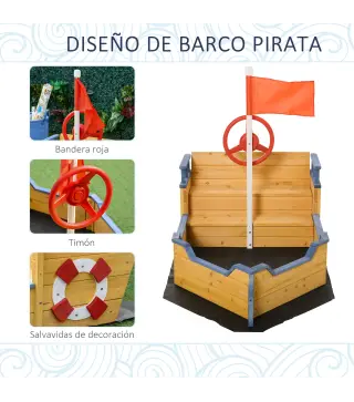 Arenero Infantil de Madera Diseño de Galeón con 2 Escalones Banco con Almacenaje Bandera y Timón Cajón de Arena