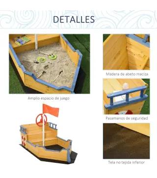 Arenero Infantil de Madera Diseño de Galeón con 2 Escalones Banco con Almacenaje Bandera y Timón Cajón de Arena