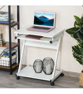Mesa de Ordenador con Ruedas 60x48 cm con Bandeja Deslizante para Teclado y Estante Inferior Marco Metálico Blanco