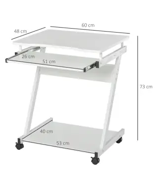 Mesa de Ordenador con Ruedas 60x48 cm con Bandeja Deslizante para Teclado y Estante Inferior Marco Metálico Blanco