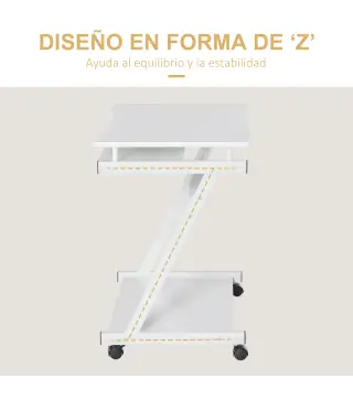 Mesa de Ordenador con Ruedas 60x48 cm con Bandeja Deslizante para Teclado y Estante Inferior Marco Metálico Blanco