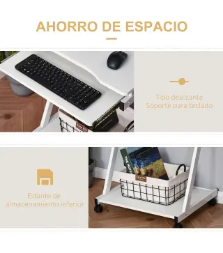 Mesa de Ordenador con Ruedas 60x48 cm con Bandeja Deslizante para Teclado y Estante Inferior Marco Metálico Blanco