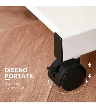 Mesa de Ordenador con Ruedas 60x48 cm con Bandeja Deslizante para Teclado y Estante Inferior Marco Metálico Blanco