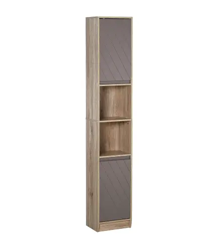 Armario de Baño Alto, Columna de Baño Estrecha con 2 Puertas y 2 Estantes Abiertos, para Espacios Pequeños, 30x24x170 cm, Roble