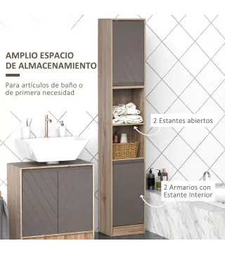 Armario de Baño Alto, Columna de Baño Estrecha con 2 Puertas y 2 Estantes Abiertos, para Espacios Pequeños, 30x24x170 cm, Roble