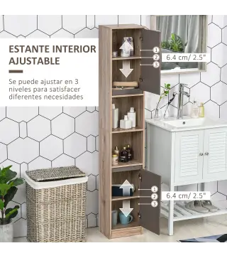 Armario de Baño Alto, Columna de Baño Estrecha con 2 Puertas y 2 Estantes Abiertos, para Espacios Pequeños, 30x24x170 cm, Roble