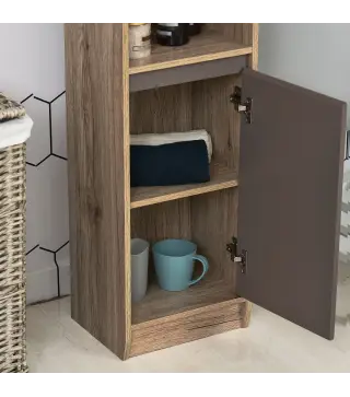 Armario de Baño Alto, Columna de Baño Estrecha con 2 Puertas y 2 Estantes Abiertos, para Espacios Pequeños, 30x24x170 cm, Roble