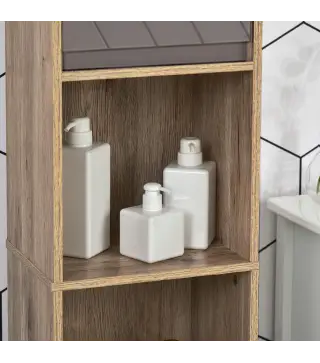 Armario de Baño Alto, Columna de Baño Estrecha con 2 Puertas y 2 Estantes Abiertos, para Espacios Pequeños, 30x24x170 cm, Roble