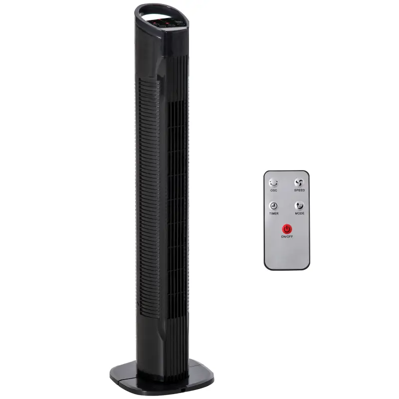 Ventilador de Torre 50W con Mando a Distancia 3 Velocidades Pantalla Temporizador y Oscilante 70° Ø20x78,5 cm Negro
