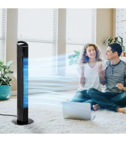 Ventilador de Torre 50W con Mando a Distancia 3 Velocidades Pantalla Temporizador y Oscilante 70° Ø20x78,5 cm Negro