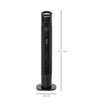 Ventilador de Torre 50W con Mando a Distancia 3 Velocidades Pantalla Temporizador y Oscilante 70° Ø20x78,5 cm Negro