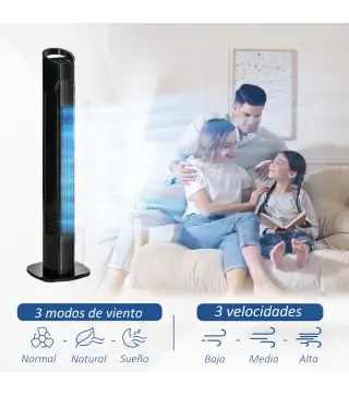 Ventilador de Torre 50W con Mando a Distancia 3 Velocidades Pantalla Temporizador y Oscilante 70° Ø20x78,5 cm Negro
