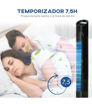 Ventilador de Torre 50W con Mando a Distancia 3 Velocidades Pantalla Temporizador y Oscilante 70° Ø20x78,5 cm Negro