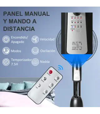 Ventilador Nebulizador Ventilador con Agua Oscilante 90W Control Remoto 3 Modos 3 Velocidades Temporizador Ø44,5x120 cm Negro
