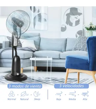 Ventilador Nebulizador Ventilador con Agua Oscilante 90W Control Remoto 3 Modos 3 Velocidades Temporizador Ø44,5x120 cm Negro