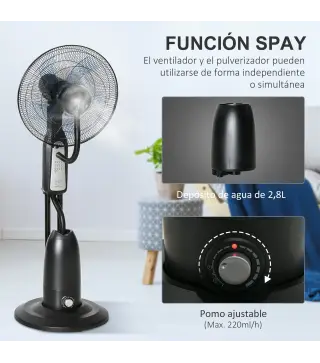 Ventilador Nebulizador Ventilador con Agua Oscilante 90W Control Remoto 3 Modos 3 Velocidades Temporizador Ø44,5x120 cm Negro