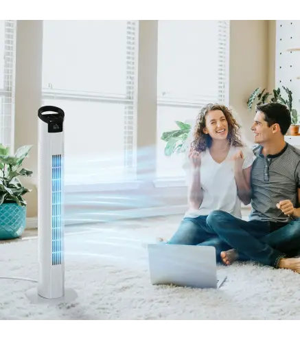 Ventilador de Torre 50W con Mando a Distancia 3 Velocidades Pantalla Temporizador y Oscilante 70° Ø20x78,5 cm Blanco