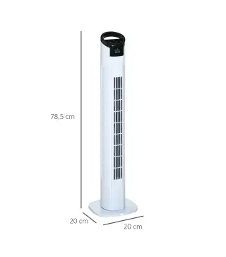 Ventilador de Torre 50W con Mando a Distancia 3 Velocidades Pantalla Temporizador y Oscilante 70° Ø20x78,5 cm Blanco