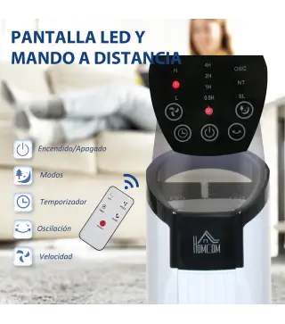 Ventilador de Torre 50W con Mando a Distancia 3 Velocidades Pantalla Temporizador y Oscilante 70° Ø20x78,5 cm Blanco
