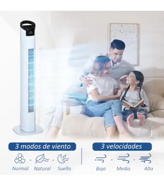 Ventilador de Torre 50W con Mando a Distancia 3 Velocidades Pantalla Temporizador y Oscilante 70° Ø20x78,5 cm Blanco