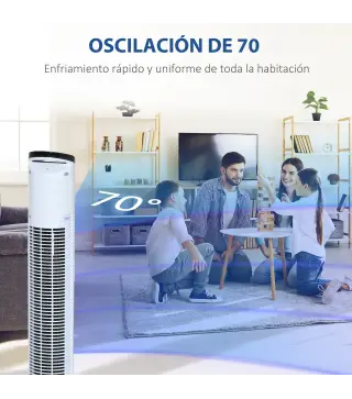 Ventilador de Torre 50W con Mando a Distancia 3 Velocidades Pantalla Temporizador y Oscilante 70° Ø20x78,5 cm Blanco